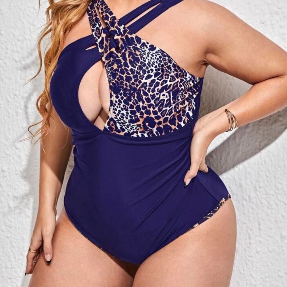 Shein-curve-plus Women's Blue and Navy Swimsuit-one-piece
